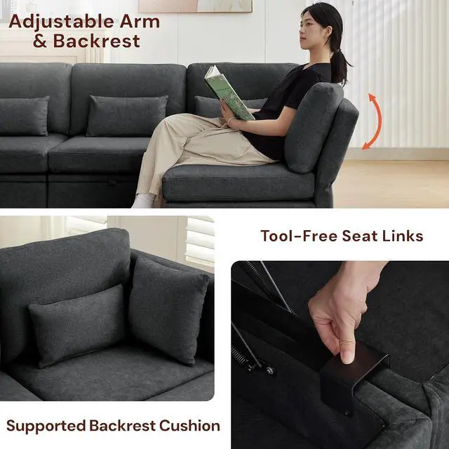 Alt view image 5 of 7 - Korser 112" Modular Sectional Sofa with Storage, Comfy Sectional Couches for Living Room, Convertible Modular Sofa with Ottoman, U Shaped Couch with Chaise, 6 Seats, Adjustable Armrest