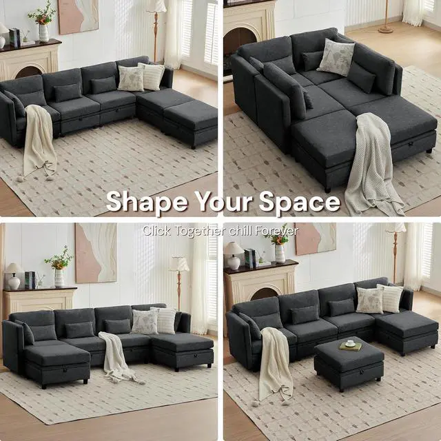Alt view image 7 of 7 - Korser 112" Modular Sectional Sofa with Storage, Comfy Sectional Couches for Living Room, Convertible Modular Sofa with Ottoman, U Shaped Couch with Chaise, 6 Seats, Adjustable Armrest