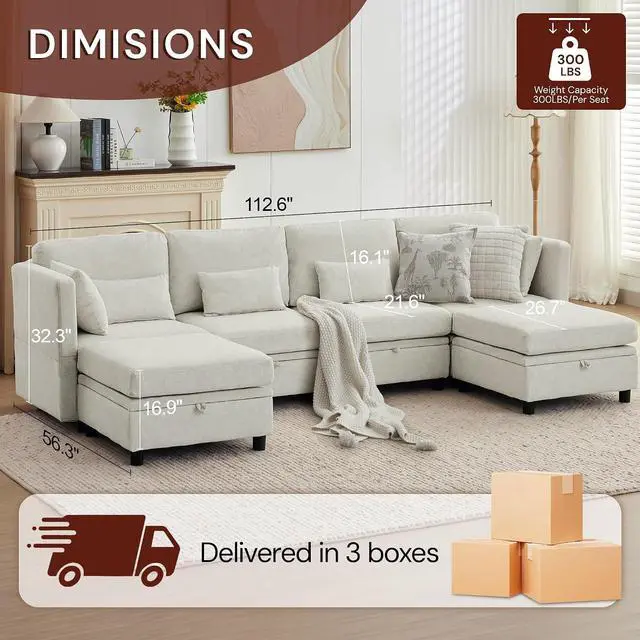 Alt view image 3 of 7 - Korser 112" Modular Sectional Sofa with Storage, Comfy Sectional Couches for Living Room, Convertible Modular Sofa with Ottoman, U Shaped Couch with Chaise, 6 Seats, Adjustable Armrest