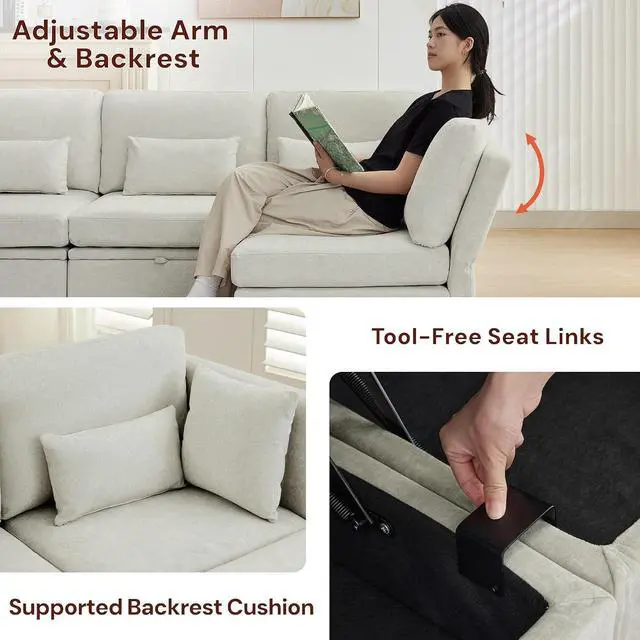 Alt view image 5 of 7 - Korser 112" Modular Sectional Sofa with Storage, Comfy Sectional Couches for Living Room, Convertible Modular Sofa with Ottoman, U Shaped Couch with Chaise, 6 Seats, Adjustable Armrest