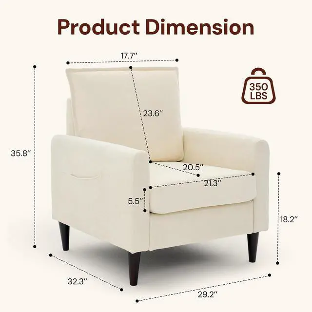 Alt view image 2 of 7 - Korser Accent Chair for Living Room, Comfy Upholstered Mid-Century Reading Chair for Bedroom, Modern Linen Arm Chair with Pillow & Solid Wood Legs, Single Sofa Lounge Chair with Side Pockets, Beige