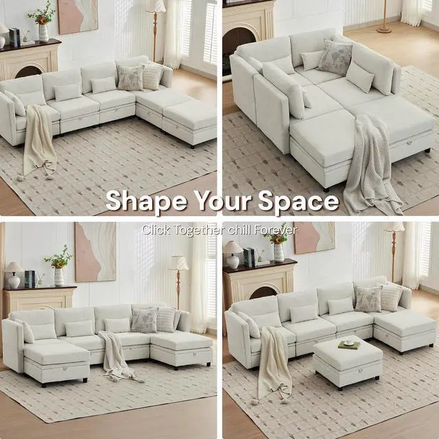 Alt view image 7 of 7 - Korser 112" Modular Sectional Sofa with Storage, Comfy Sectional Couches for Living Room, Convertible Modular Sofa with Ottoman, U Shaped Couch with Chaise, 6 Seats, Adjustable Armrest