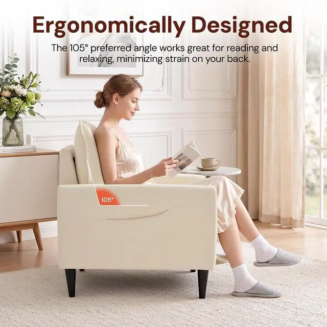 Alt view image 3 of 7 - Korser Accent Chair for Living Room, Comfy Upholstered Mid-Century Reading Chair for Bedroom, Modern Linen Arm Chair with Pillow & Solid Wood Legs, Single Sofa Lounge Chair with Side Pockets, Beige