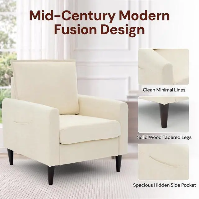 Alt view image 4 of 7 - Korser Accent Chair for Living Room, Comfy Upholstered Mid-Century Reading Chair for Bedroom, Modern Linen Arm Chair with Pillow & Solid Wood Legs, Single Sofa Lounge Chair with Side Pockets, Beige