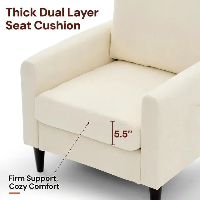 Alt view image 5 of 7 - Korser Accent Chair for Living Room, Comfy Upholstered Mid-Century Reading Chair for Bedroom, Modern Linen Arm Chair with Pillow & Solid Wood Legs, Single Sofa Lounge Chair with Side Pockets, Beige