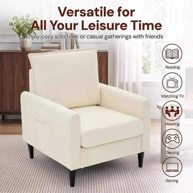 Alt view image 7 of 7 - Korser Accent Chair for Living Room, Comfy Upholstered Mid-Century Reading Chair for Bedroom, Modern Linen Arm Chair with Pillow & Solid Wood Legs, Single Sofa Lounge Chair with Side Pockets, Beige