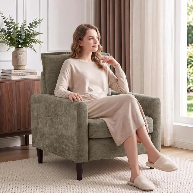 Main image of Korser Accent Chair for Living Room, Comfy Upholstered Mid-Century Reading Chair for Bedroom, Modern Linen Arm Chair with Pillow & Solid Wood Legs, Single Sofa Lounge Chair with Side Pockets, Brown