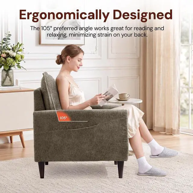 Alt view image 3 of 7 - Korser Accent Chair for Living Room, Comfy Upholstered Mid-Century Reading Chair for Bedroom, Modern Linen Arm Chair with Pillow & Solid Wood Legs, Single Sofa Lounge Chair with Side Pockets, Brown