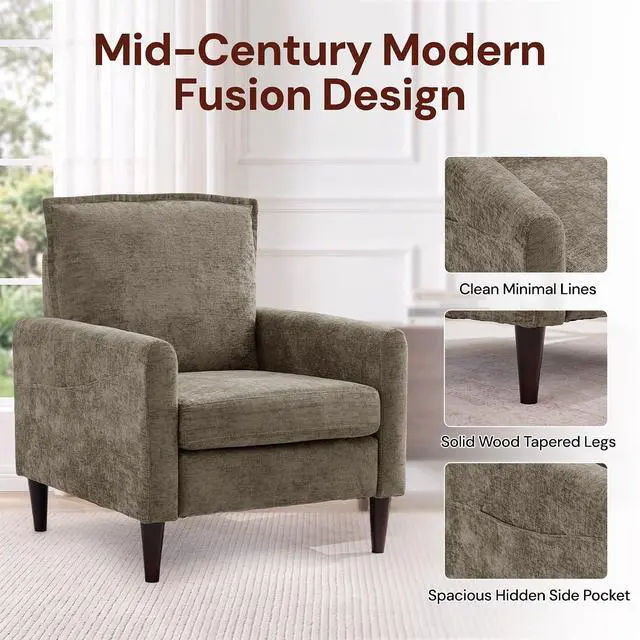 Alt view image 4 of 7 - Korser Accent Chair for Living Room, Comfy Upholstered Mid-Century Reading Chair for Bedroom, Modern Linen Arm Chair with Pillow & Solid Wood Legs, Single Sofa Lounge Chair with Side Pockets, Brown