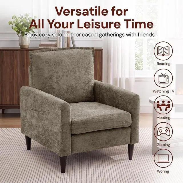 Alt view image 7 of 7 - Korser Accent Chair for Living Room, Comfy Upholstered Mid-Century Reading Chair for Bedroom, Modern Linen Arm Chair with Pillow & Solid Wood Legs, Single Sofa Lounge Chair with Side Pockets, Brown