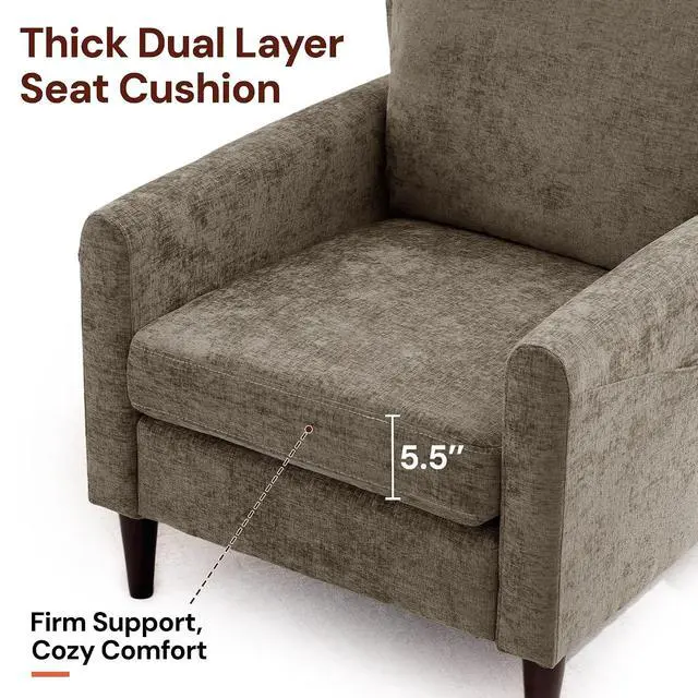 Alt view image 5 of 7 - Korser Accent Chair for Living Room, Comfy Upholstered Mid-Century Reading Chair for Bedroom, Modern Linen Arm Chair with Pillow & Solid Wood Legs, Single Sofa Lounge Chair with Side Pockets, Brown