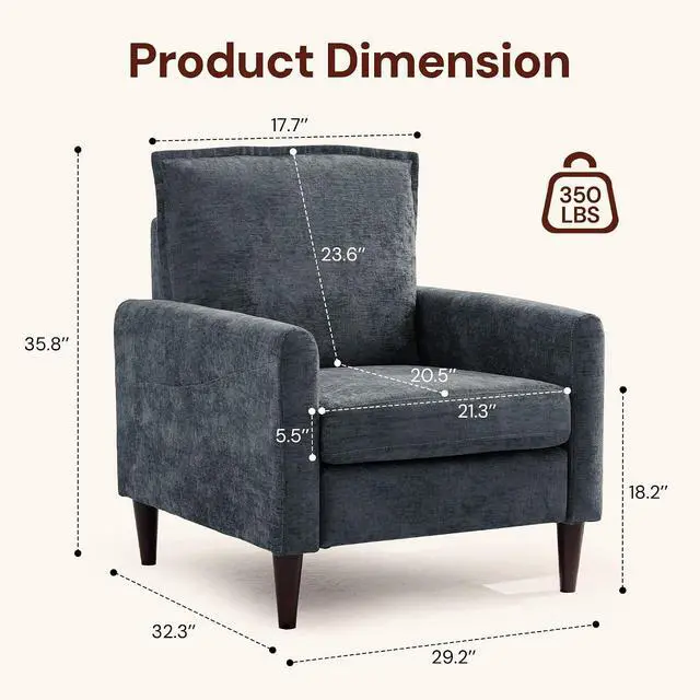 Alt view image 2 of 7 - Korser Accent Chair for Living Room, Comfy Upholstered Mid-Century Reading Chair for Bedroom, Modern Linen Arm Chair with Pillow & Solid Wood Legs, Single Sofa Lounge Chair with Side Pockets, Grey