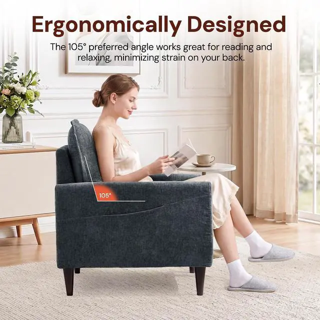 Alt view image 3 of 7 - Korser Accent Chair for Living Room, Comfy Upholstered Mid-Century Reading Chair for Bedroom, Modern Linen Arm Chair with Pillow & Solid Wood Legs, Single Sofa Lounge Chair with Side Pockets, Grey