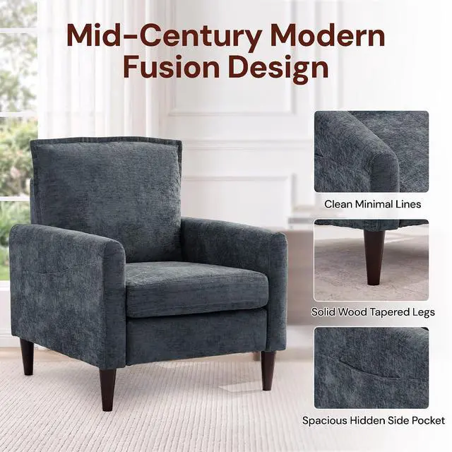 Alt view image 4 of 7 - Korser Accent Chair for Living Room, Comfy Upholstered Mid-Century Reading Chair for Bedroom, Modern Linen Arm Chair with Pillow & Solid Wood Legs, Single Sofa Lounge Chair with Side Pockets, Grey