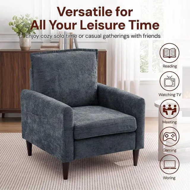 Alt view image 7 of 7 - Korser Accent Chair for Living Room, Comfy Upholstered Mid-Century Reading Chair for Bedroom, Modern Linen Arm Chair with Pillow & Solid Wood Legs, Single Sofa Lounge Chair with Side Pockets, Grey