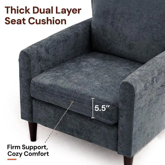 Alt view image 5 of 7 - Korser Accent Chair for Living Room, Comfy Upholstered Mid-Century Reading Chair for Bedroom, Modern Linen Arm Chair with Pillow & Solid Wood Legs, Single Sofa Lounge Chair with Side Pockets, Grey