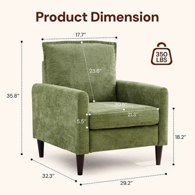 Alt view image 2 of 7 - Korser Accent Chair for Living Room, Comfy Upholstered Mid-Century Reading Chair for Bedroom, Modern Linen Arm Chair with Pillow & Solid Wood Legs, Single Sofa Lounge Chair with Side Pockets, Green
