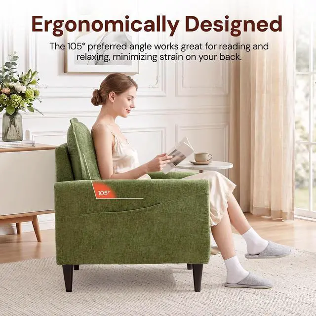 Alt view image 3 of 7 - Korser Accent Chair for Living Room, Comfy Upholstered Mid-Century Reading Chair for Bedroom, Modern Linen Arm Chair with Pillow & Solid Wood Legs, Single Sofa Lounge Chair with Side Pockets, Green