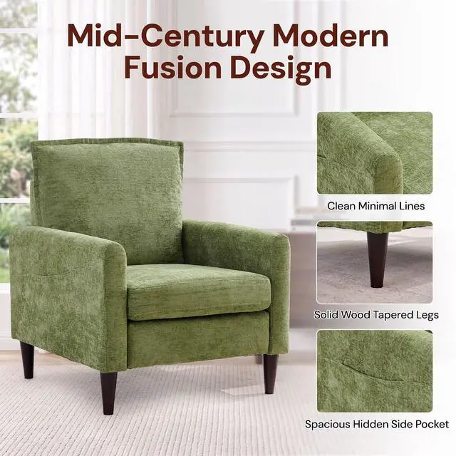 Alt view image 4 of 7 - Korser Accent Chair for Living Room, Comfy Upholstered Mid-Century Reading Chair for Bedroom, Modern Linen Arm Chair with Pillow & Solid Wood Legs, Single Sofa Lounge Chair with Side Pockets, Green
