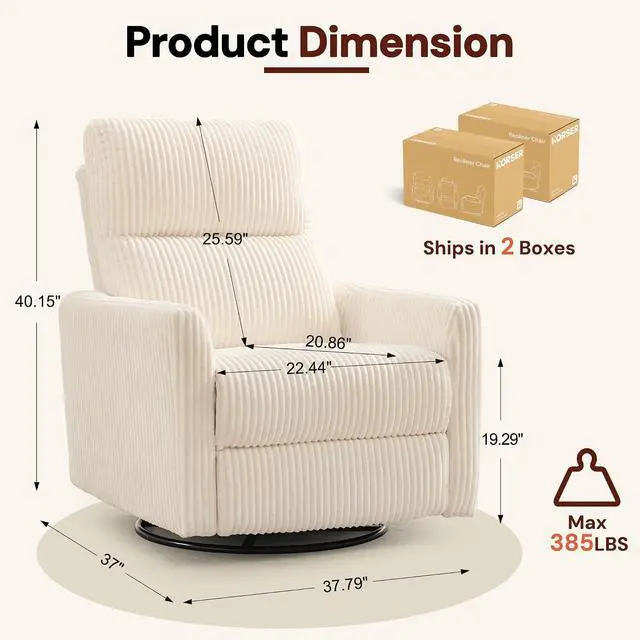 Alt view image 2 of 7 - Korser 360° Swivel Glider Rocker Manual Recliner Chair, High Back Reclining Chair with Curved Armrests, Beige Corduroy Upholstered Chair for Nursery, Living Room, Bedroom