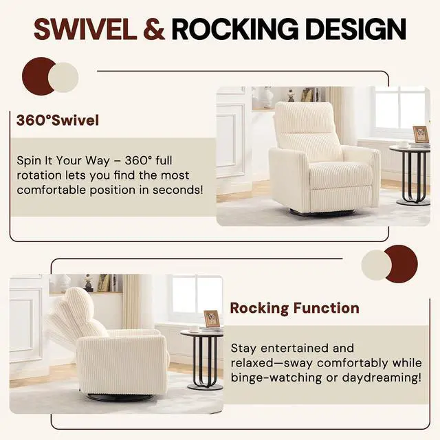 Alt view image 3 of 7 - Korser 360° Swivel Glider Rocker Manual Recliner Chair, High Back Reclining Chair with Curved Armrests, Beige Corduroy Upholstered Chair for Nursery, Living Room, Bedroom