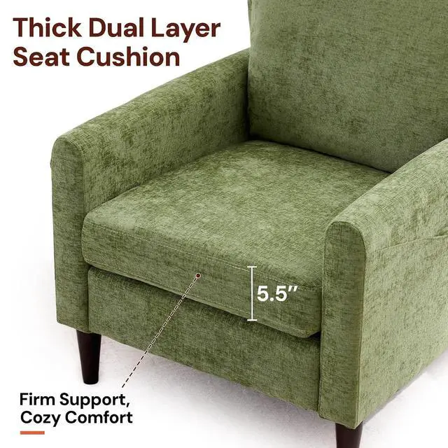 Alt view image 5 of 7 - Korser Accent Chair for Living Room, Comfy Upholstered Mid-Century Reading Chair for Bedroom, Modern Linen Arm Chair with Pillow & Solid Wood Legs, Single Sofa Lounge Chair with Side Pockets, Green