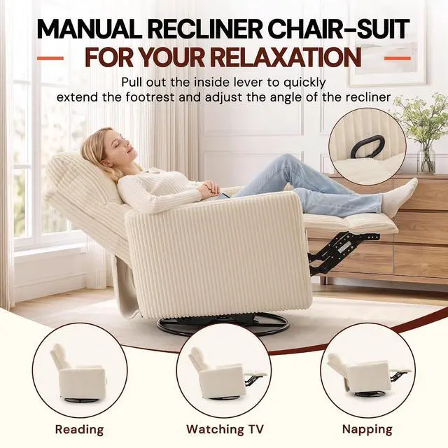 Alt view image 4 of 7 - Korser 360° Swivel Glider Rocker Manual Recliner Chair, High Back Reclining Chair with Curved Armrests, Beige Corduroy Upholstered Chair for Nursery, Living Room, Bedroom