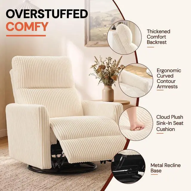 Alt view image 5 of 7 - Korser 360° Swivel Glider Rocker Manual Recliner Chair, High Back Reclining Chair with Curved Armrests, Beige Corduroy Upholstered Chair for Nursery, Living Room, Bedroom