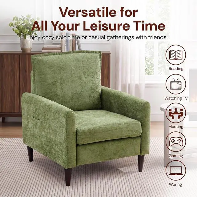 Alt view image 7 of 7 - Korser Accent Chair for Living Room, Comfy Upholstered Mid-Century Reading Chair for Bedroom, Modern Linen Arm Chair with Pillow & Solid Wood Legs, Single Sofa Lounge Chair with Side Pockets, Green