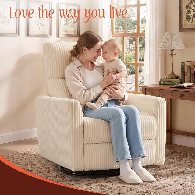 Alt view image 7 of 7 - Korser 360° Swivel Glider Rocker Manual Recliner Chair, High Back Reclining Chair with Curved Armrests, Beige Corduroy Upholstered Chair for Nursery, Living Room, Bedroom