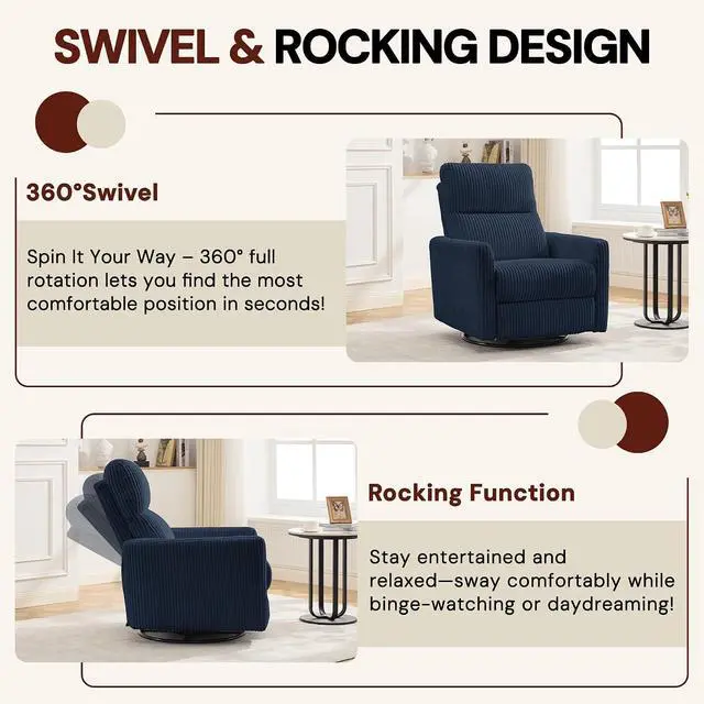 Alt view image 3 of 7 - Korser 360° Swivel Glider Rocker Manual Recliner Chair, High Back Reclining Chair with Curved Armrests, Blue Corduroy Upholstered Chair for Nursery, Living Room, Bedroom