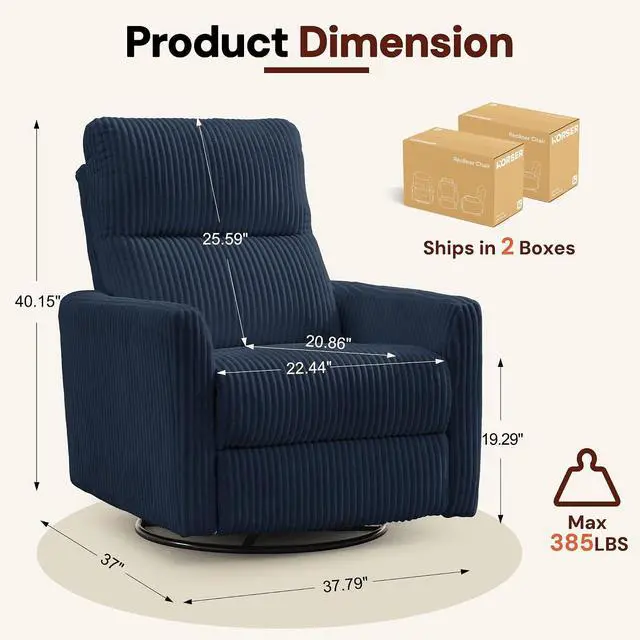 Alt view image 2 of 7 - Korser 360° Swivel Glider Rocker Manual Recliner Chair, High Back Reclining Chair with Curved Armrests, Blue Corduroy Upholstered Chair for Nursery, Living Room, Bedroom