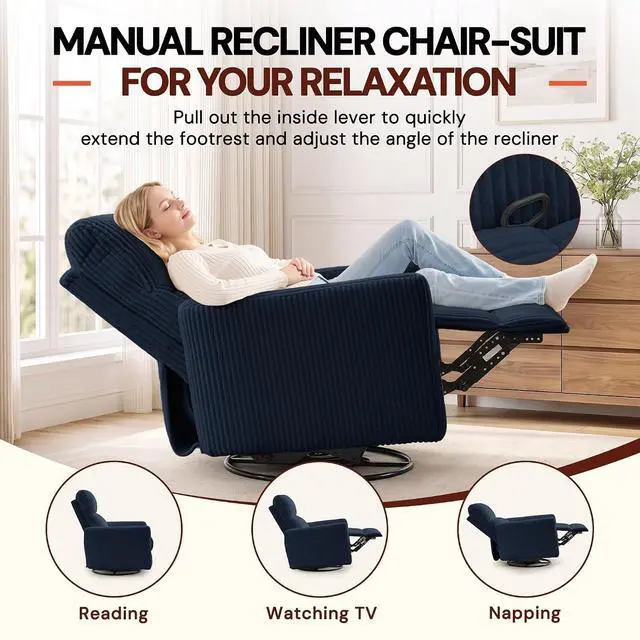 Alt view image 4 of 7 - Korser 360° Swivel Glider Rocker Manual Recliner Chair, High Back Reclining Chair with Curved Armrests, Blue Corduroy Upholstered Chair for Nursery, Living Room, Bedroom