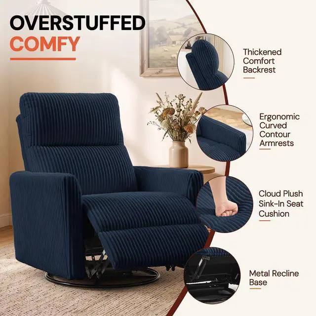Alt view image 5 of 7 - Korser 360° Swivel Glider Rocker Manual Recliner Chair, High Back Reclining Chair with Curved Armrests, Blue Corduroy Upholstered Chair for Nursery, Living Room, Bedroom