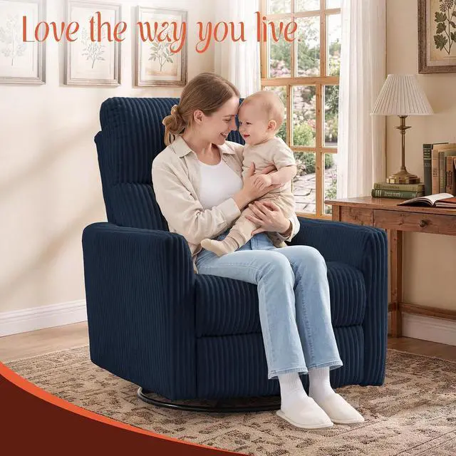 Alt view image 7 of 7 - Korser 360° Swivel Glider Rocker Manual Recliner Chair, High Back Reclining Chair with Curved Armrests, Blue Corduroy Upholstered Chair for Nursery, Living Room, Bedroom