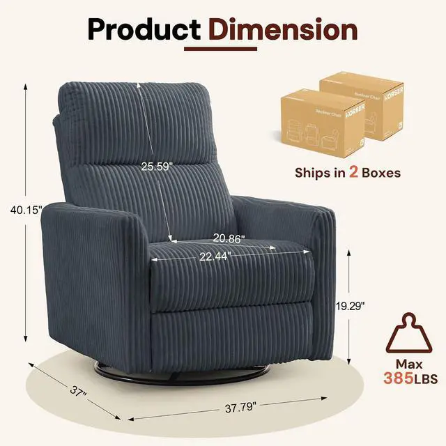 Alt view image 2 of 7 - Korser 360° Swivel Glider Rocker Manual Recliner Chair, High Back Reclining Chair with Curved Armrests, Dark Grey Corduroy Upholstered Chair for Nursery, Living Room, Bedroom