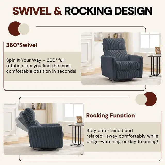 Alt view image 3 of 7 - Korser 360° Swivel Glider Rocker Manual Recliner Chair, High Back Reclining Chair with Curved Armrests, Dark Grey Corduroy Upholstered Chair for Nursery, Living Room, Bedroom