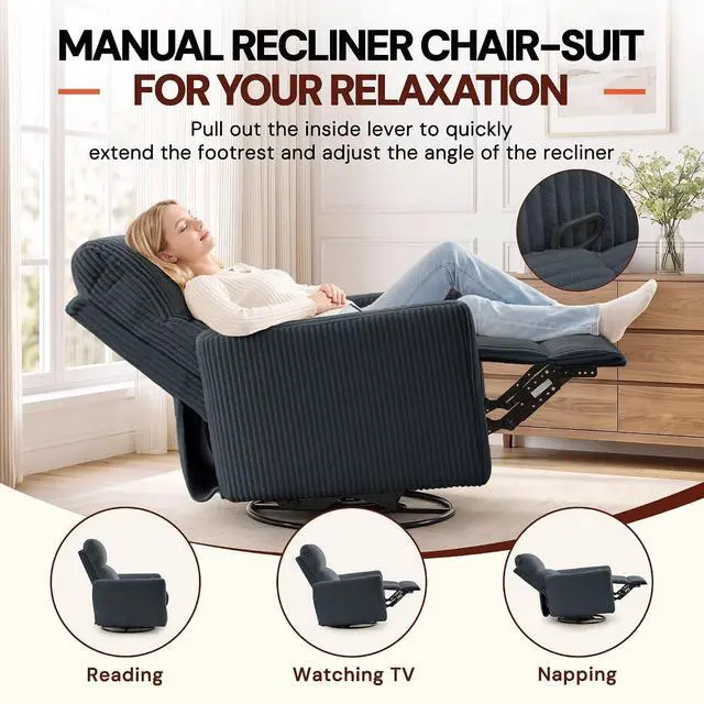 Alt view image 4 of 7 - Korser 360° Swivel Glider Rocker Manual Recliner Chair, High Back Reclining Chair with Curved Armrests, Dark Grey Corduroy Upholstered Chair for Nursery, Living Room, Bedroom