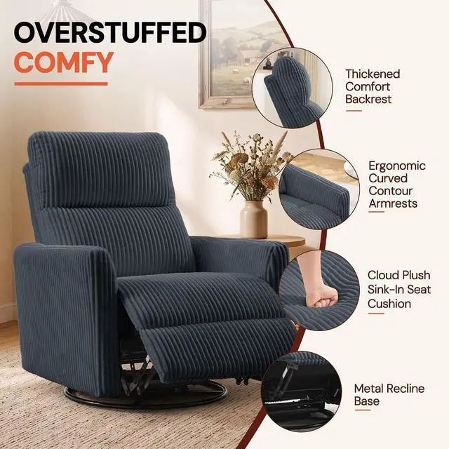 Alt view image 5 of 7 - Korser 360° Swivel Glider Rocker Manual Recliner Chair, High Back Reclining Chair with Curved Armrests, Dark Grey Corduroy Upholstered Chair for Nursery, Living Room, Bedroom