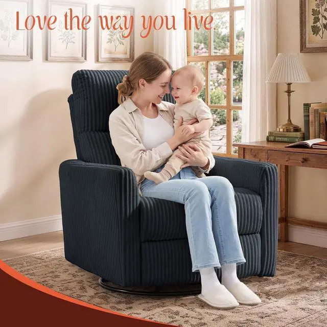 Alt view image 7 of 7 - Korser 360° Swivel Glider Rocker Manual Recliner Chair, High Back Reclining Chair with Curved Armrests, Dark Grey Corduroy Upholstered Chair for Nursery, Living Room, Bedroom