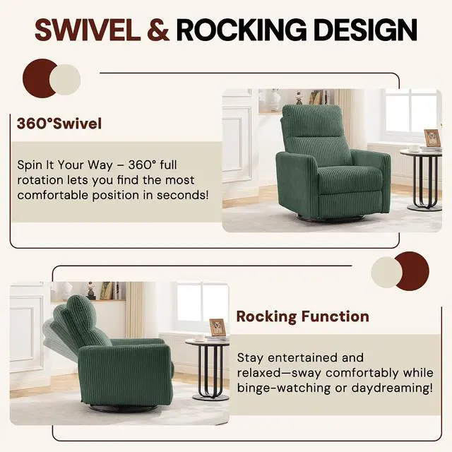 Alt view image 3 of 7 - Korser 360° Swivel Glider Rocker Manual Recliner Chair, High Back Reclining Chair with Curved Armrests, Green Corduroy Upholstered Chair for Nursery, Living Room, Bedroom