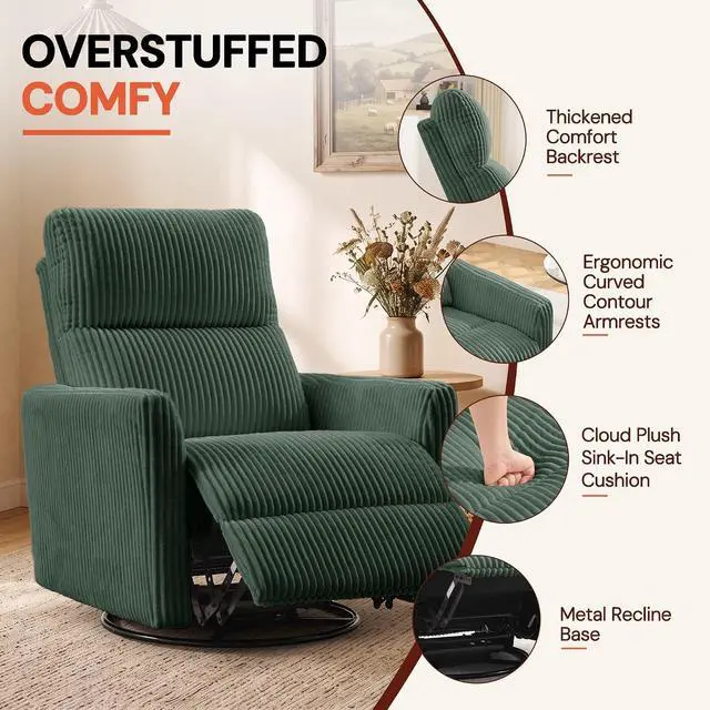 Alt view image 5 of 7 - Korser 360° Swivel Glider Rocker Manual Recliner Chair, High Back Reclining Chair with Curved Armrests, Green Corduroy Upholstered Chair for Nursery, Living Room, Bedroom