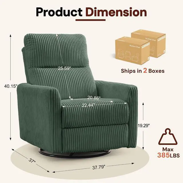 Alt view image 2 of 7 - Korser 360° Swivel Glider Rocker Manual Recliner Chair, High Back Reclining Chair with Curved Armrests, Green Corduroy Upholstered Chair for Nursery, Living Room, Bedroom