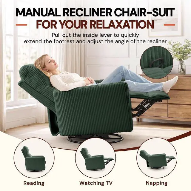 Alt view image 4 of 7 - Korser 360° Swivel Glider Rocker Manual Recliner Chair, High Back Reclining Chair with Curved Armrests, Green Corduroy Upholstered Chair for Nursery, Living Room, Bedroom