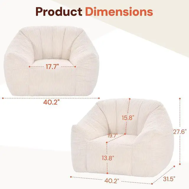 Alt view image 2 of 7 - Korser Bean Bag Chair, Giant Bean Bag Chairs for Adults Teens, Comfy Floor Chair with Back Support and Armrest, Corduroy Beanbag with Foam Filler, Reading Chair for Bedroom Living Room, Beige