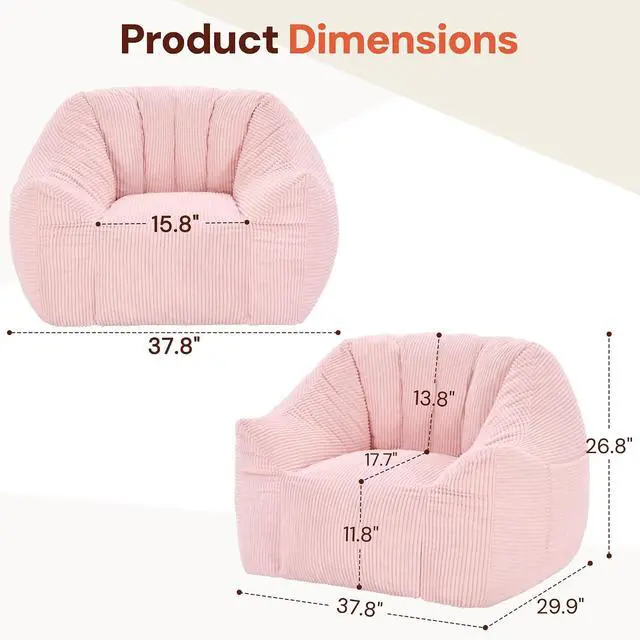 Alt view image 2 of 7 - Korser Bean Bag Chair, Giant Bean Bag Chairs for Adults Teens, Comfy Floor Chair with Back Support and Armrest, Corduroy Beanbag with Foam Filler, Reading Chair for Bedroom Living Room, Pink