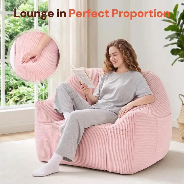 Alt view image 3 of 7 - Korser Bean Bag Chair, Giant Bean Bag Chairs for Adults Teens, Comfy Floor Chair with Back Support and Armrest, Corduroy Beanbag with Foam Filler, Reading Chair for Bedroom Living Room, Pink