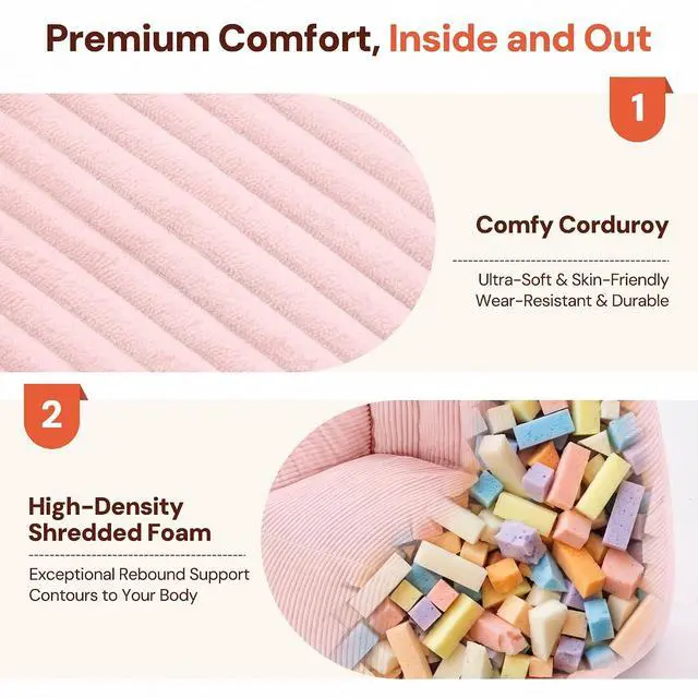 Alt view image 4 of 7 - Korser Bean Bag Chair, Giant Bean Bag Chairs for Adults Teens, Comfy Floor Chair with Back Support and Armrest, Corduroy Beanbag with Foam Filler, Reading Chair for Bedroom Living Room, Pink