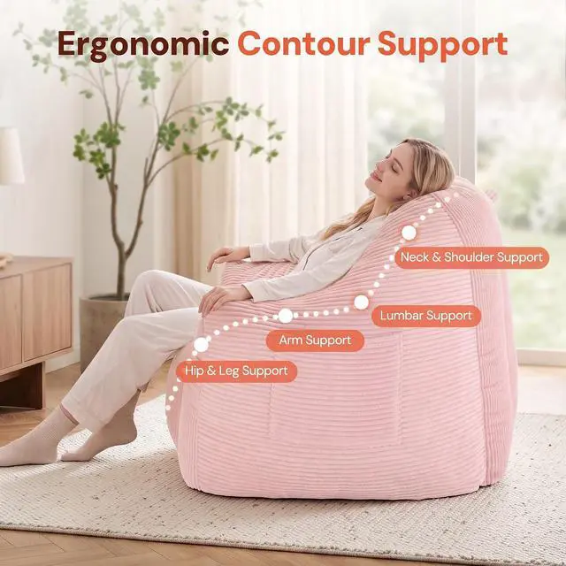 Alt view image 5 of 7 - Korser Bean Bag Chair, Giant Bean Bag Chairs for Adults Teens, Comfy Floor Chair with Back Support and Armrest, Corduroy Beanbag with Foam Filler, Reading Chair for Bedroom Living Room, Pink