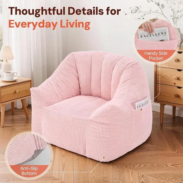 Alt view image 6 of 7 - Korser Bean Bag Chair, Giant Bean Bag Chairs for Adults Teens, Comfy Floor Chair with Back Support and Armrest, Corduroy Beanbag with Foam Filler, Reading Chair for Bedroom Living Room, Pink